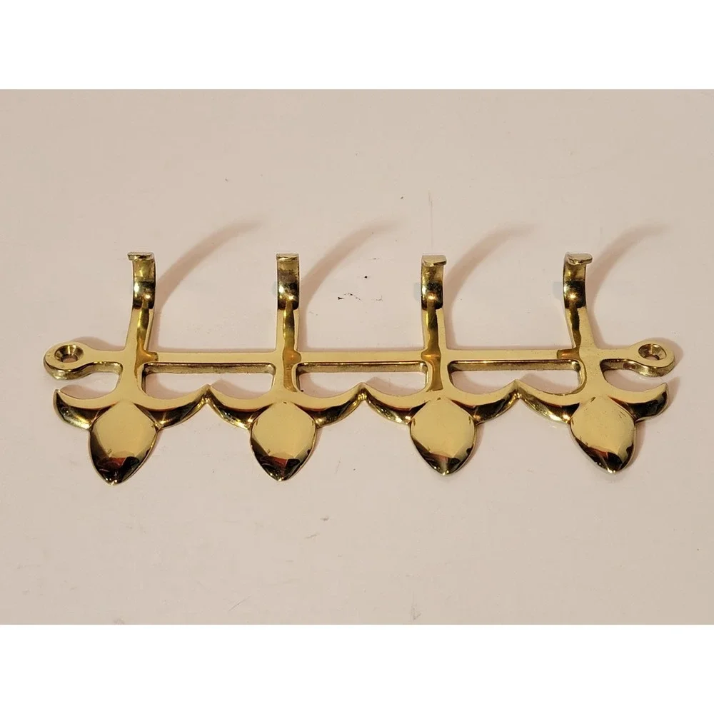 Solid Bright Shiny Brass 4 Hook Key Ring Holder Bathroom Robe Towel Entry Hanger